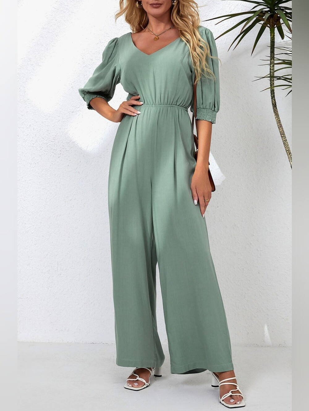 Women's Sage Green V-Neck Wide-Leg Jumpsuit 100% Viscose